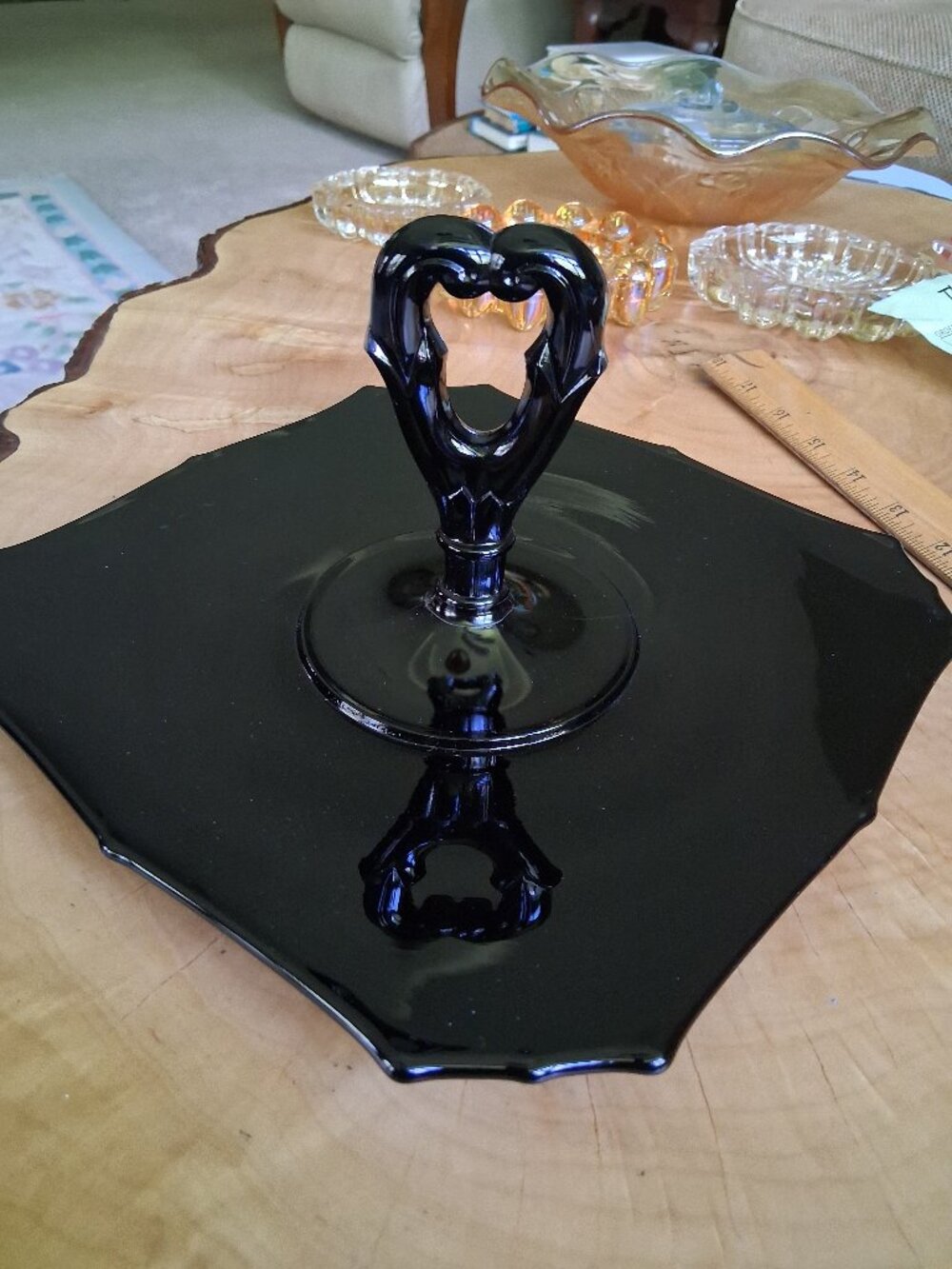 🖤Opaque Black Glass Heart Handle Tray – 9.5" Square Scalloped Depression Glass